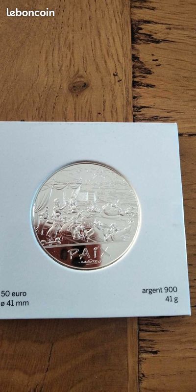 Vends pièce argent 50 euros Astérix la paix